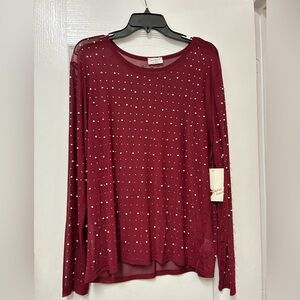 long-sleeve, crew-neck mesh top with pearl and rhinestone embellishments